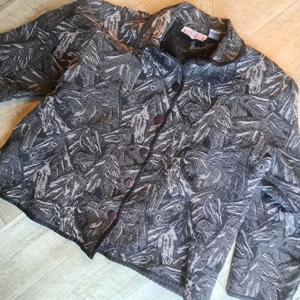 Sara Studio 1X Womens Horse Western Rodeo Tapestry Long Sleeve Top Jacket Black